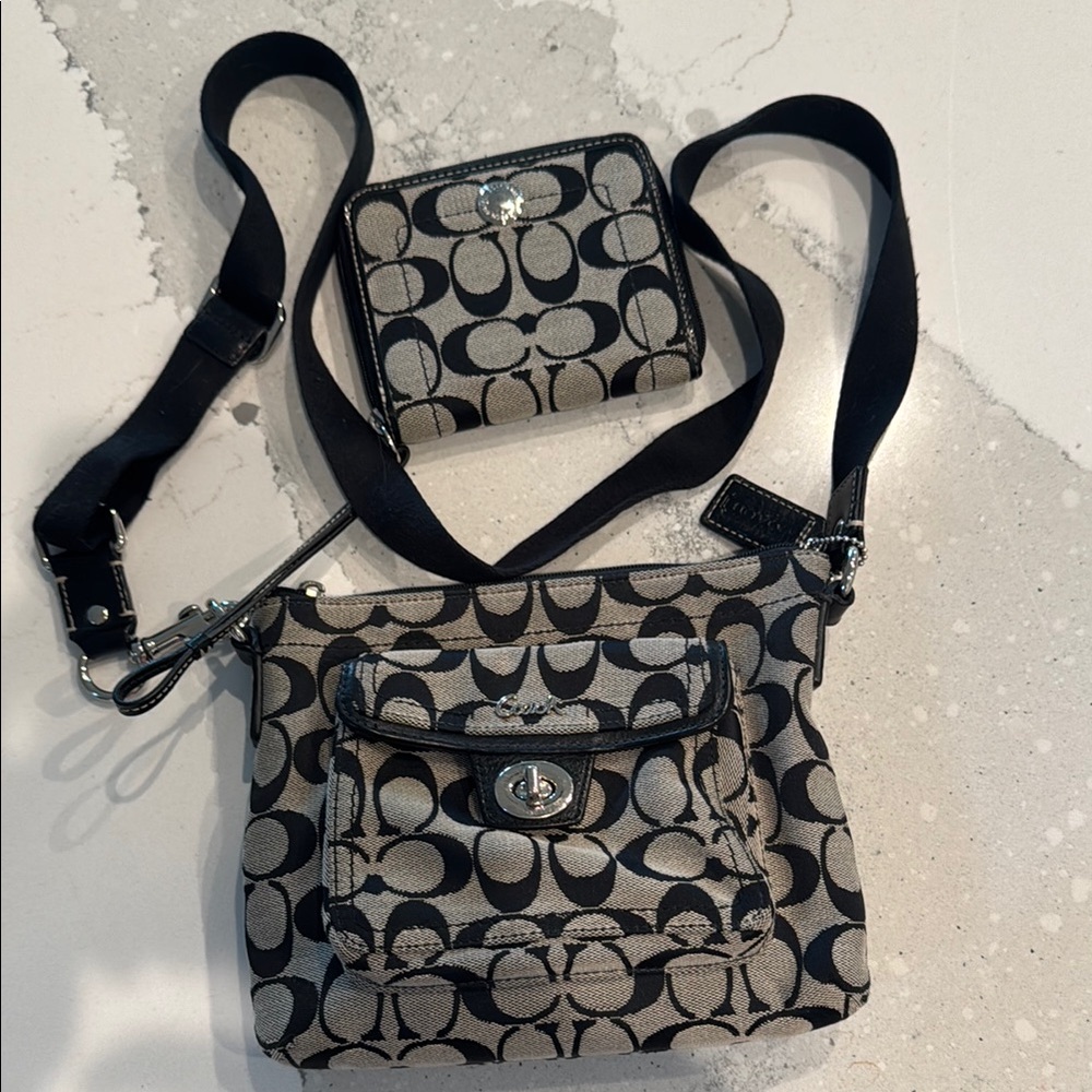 Coach Signature Black and Gray Crossbody Bag with Wallet